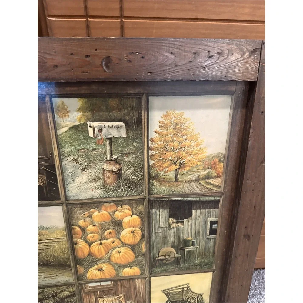 VTG HOMCO HOME INTERIORS B MITCHELL 12 WINDOW PANE PICTURE FALL RUSTIC